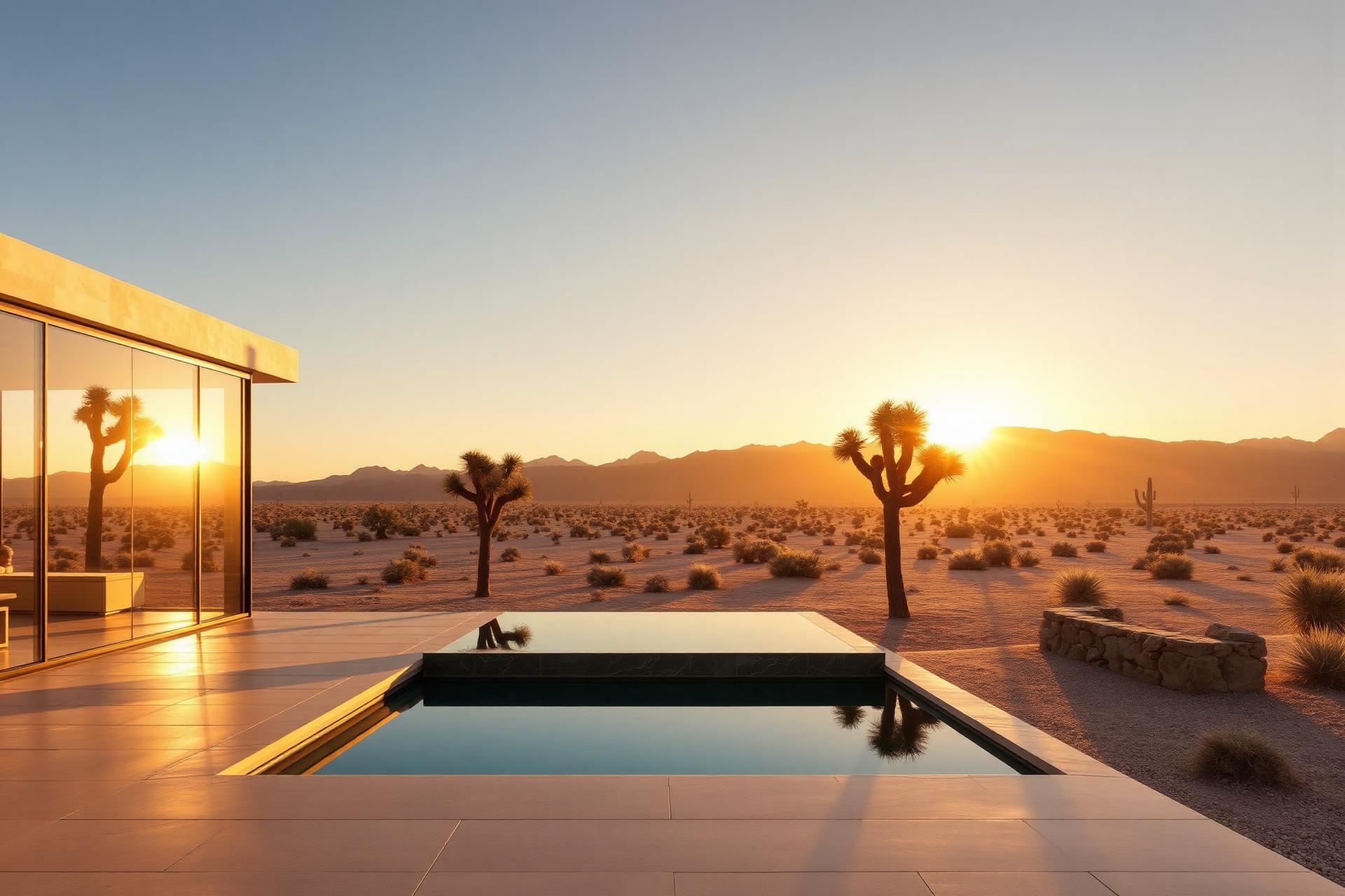 Architectural desert villa with infinity pool at sunset